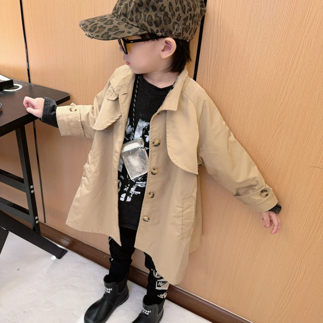 儿童秋季新款卡其色高定中长款英伦风外套风衣 打底裤082