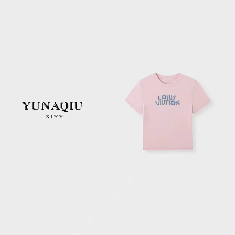 【KUNGE】淡粉色重工字母花朵刺绣宽松休闲T恤-5026