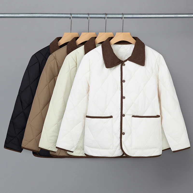棉服女款冬季轻薄菱形格棉服大码女装保暖外穿棉袄显瘦小香风外套
