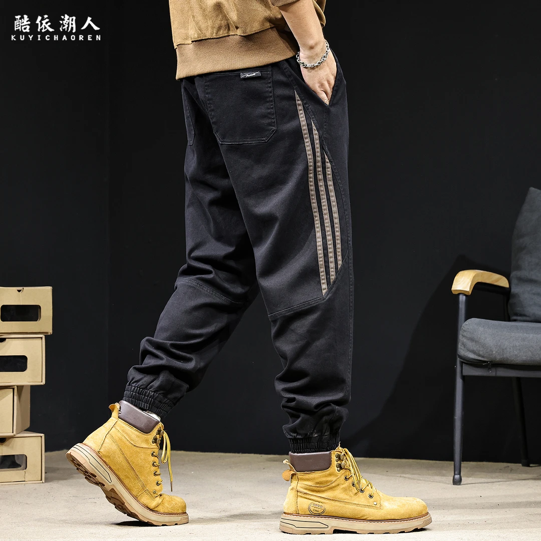 弹力舒适条纹休闲工装裤男2025秋季新款潮牌大码美式复古束脚裤子