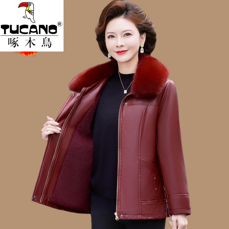 啄木鸟妈妈冬装加绒加厚PU皮衣外套保暖棉服新款中老年时尚皮夹克
