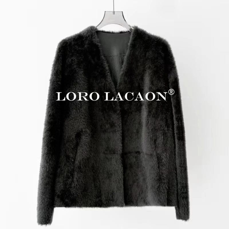 以赛亚 夜幕流星 南非小拉贡极简高级短款皮草V领皮毛一体女25081