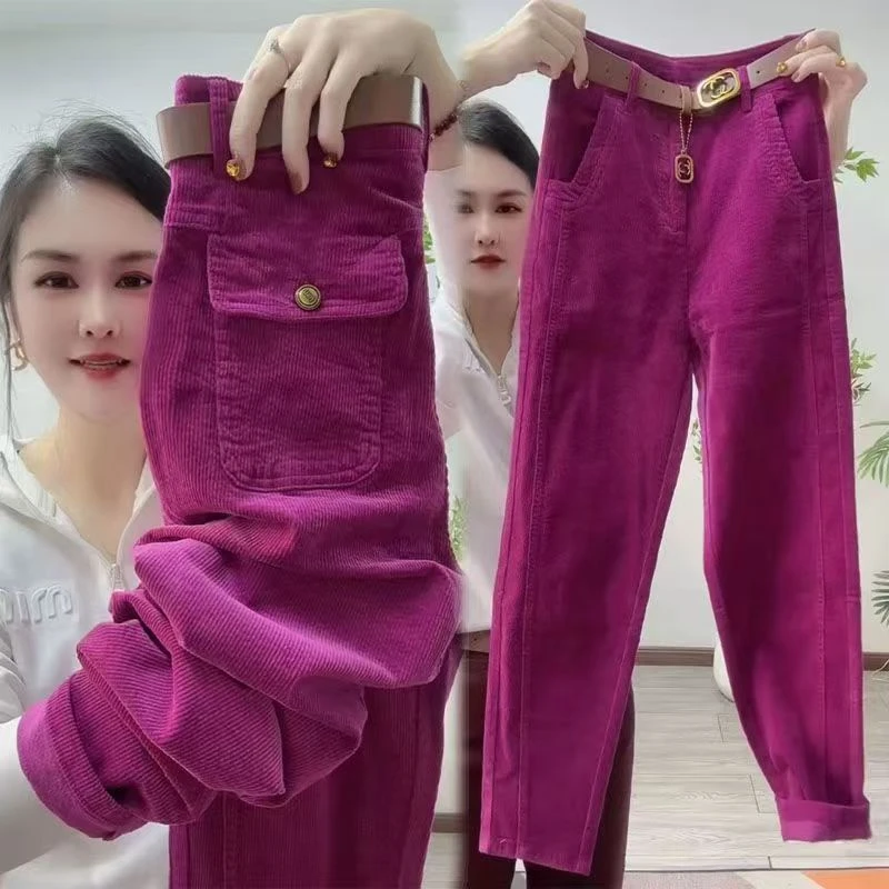 九分秋季弹力灯芯绒裤哈伦女宽松时尚百搭高腰显瘦洋气百搭休闲裤