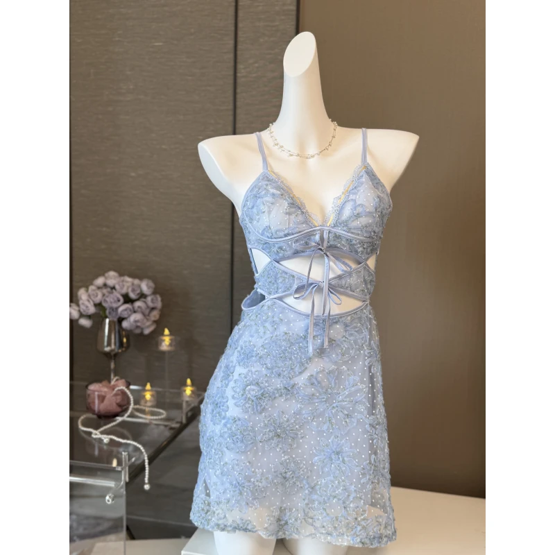 法式蕾丝吊带裙女夏性感镂空露背家居服轻奢睡裙