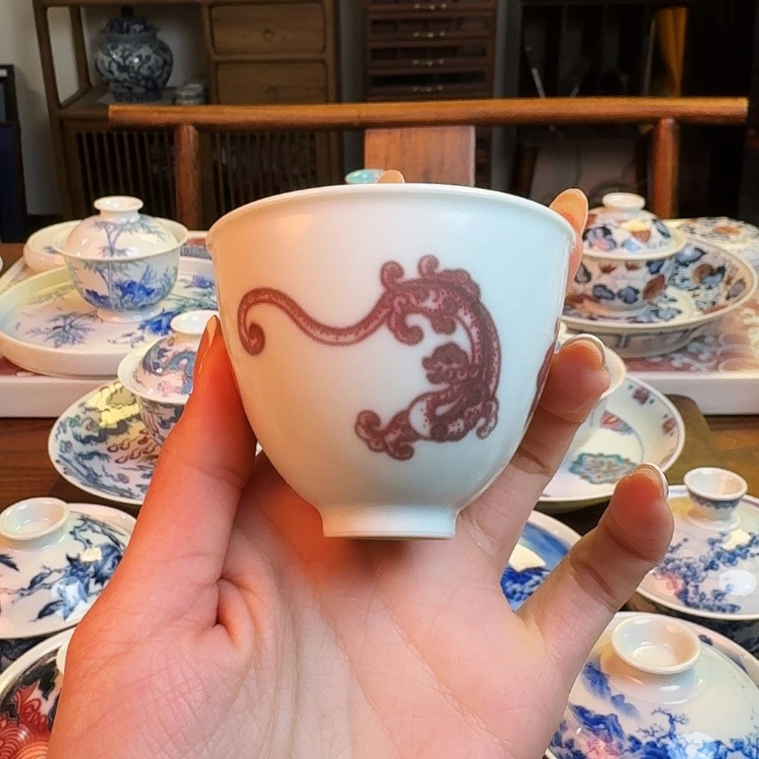 杯柴窑烧制釉里红三龙纯手绘