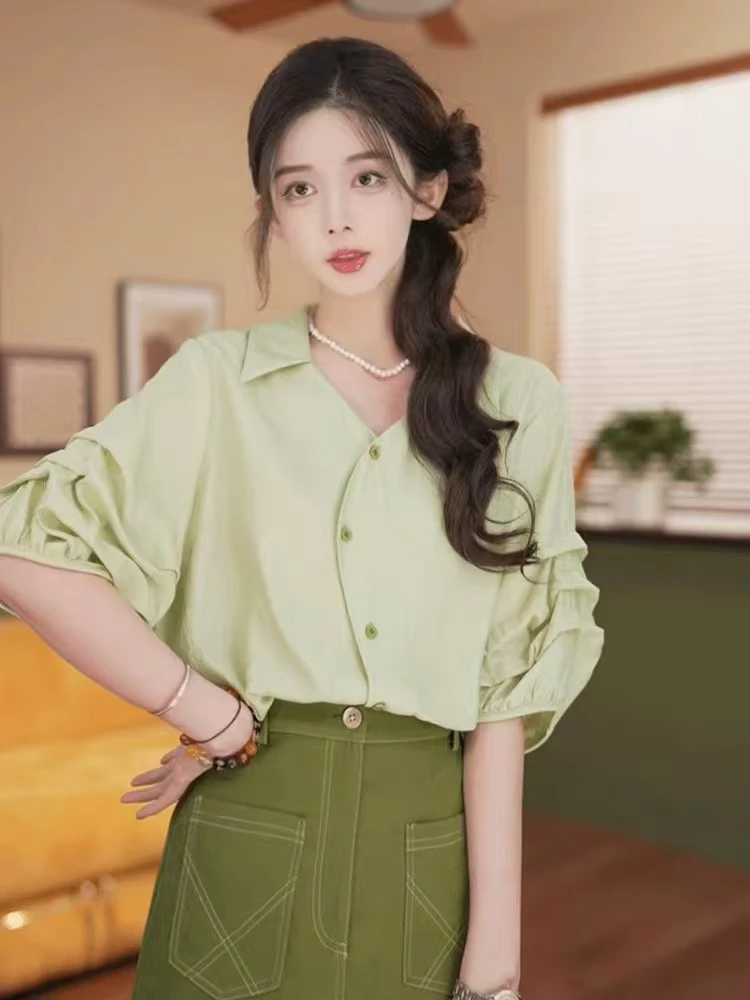 法式简约五分袖高级感衬衫女2025夏季新款装宽松显瘦上衣【5689】