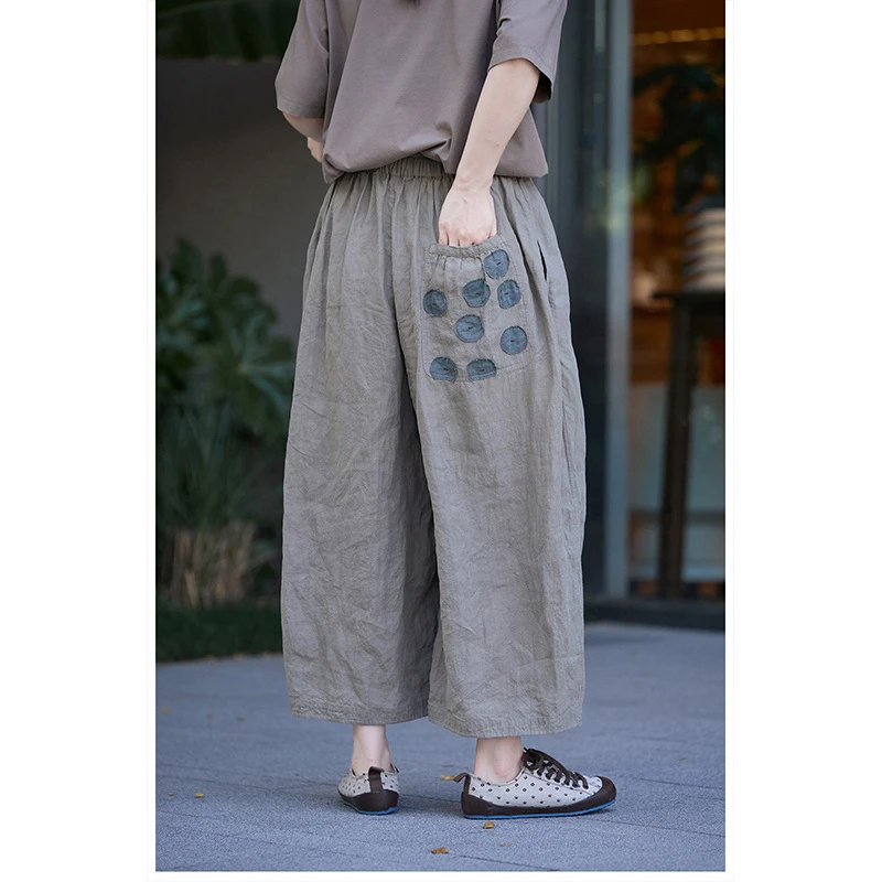 夏季新款豆绿江南文艺复古原创亚麻松软轻盈宽松亲肤蓬松气球裤女