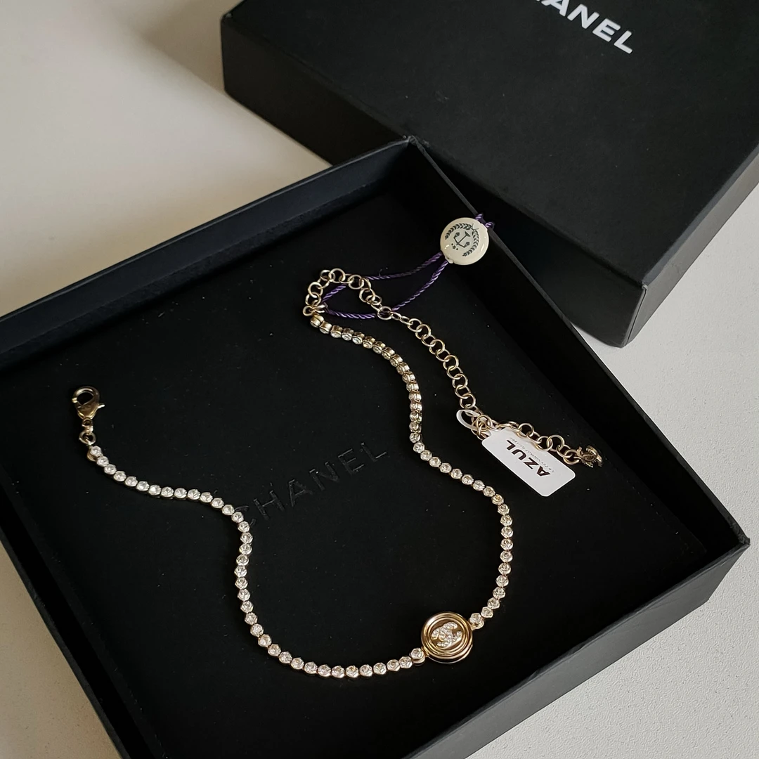 95新 Chanel/香奈儿 Azul-21S浅金色满钻金币双C项链/41885