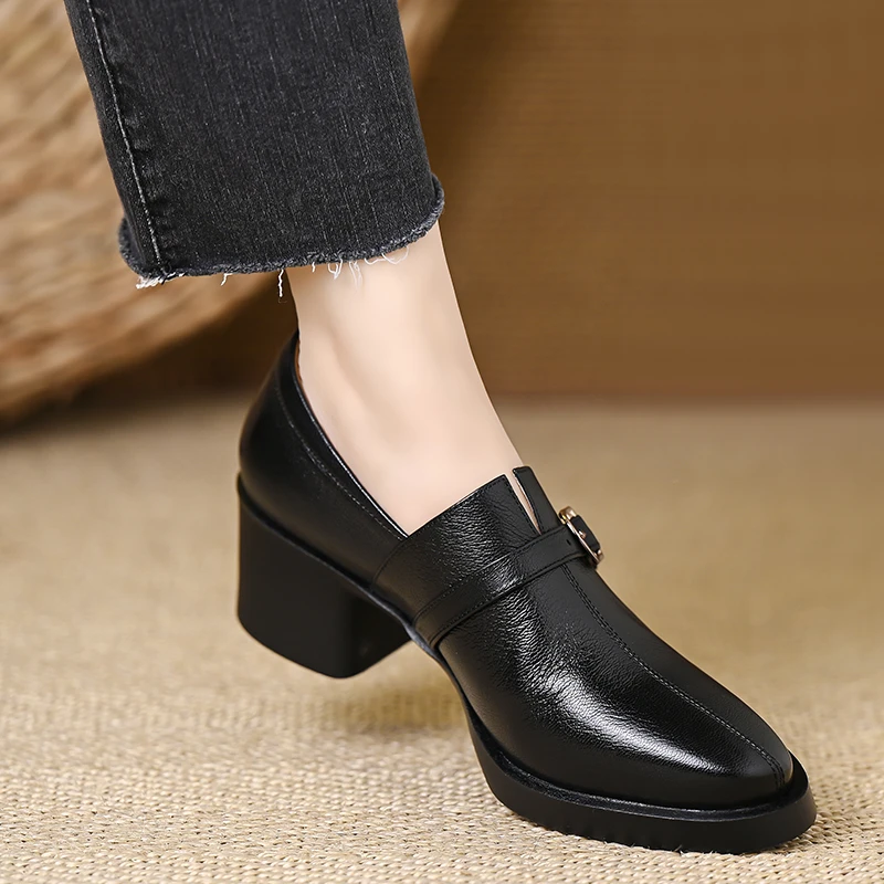 通勤5cm高跟鞋女不累脚高级感黑色小皮鞋粗跟软羊皮百搭气质单鞋