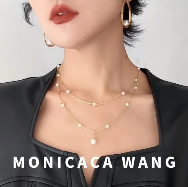 铜合金仿珍珠项链 【莫妮卡卡】简约高级明月双层叠搭项链XL160