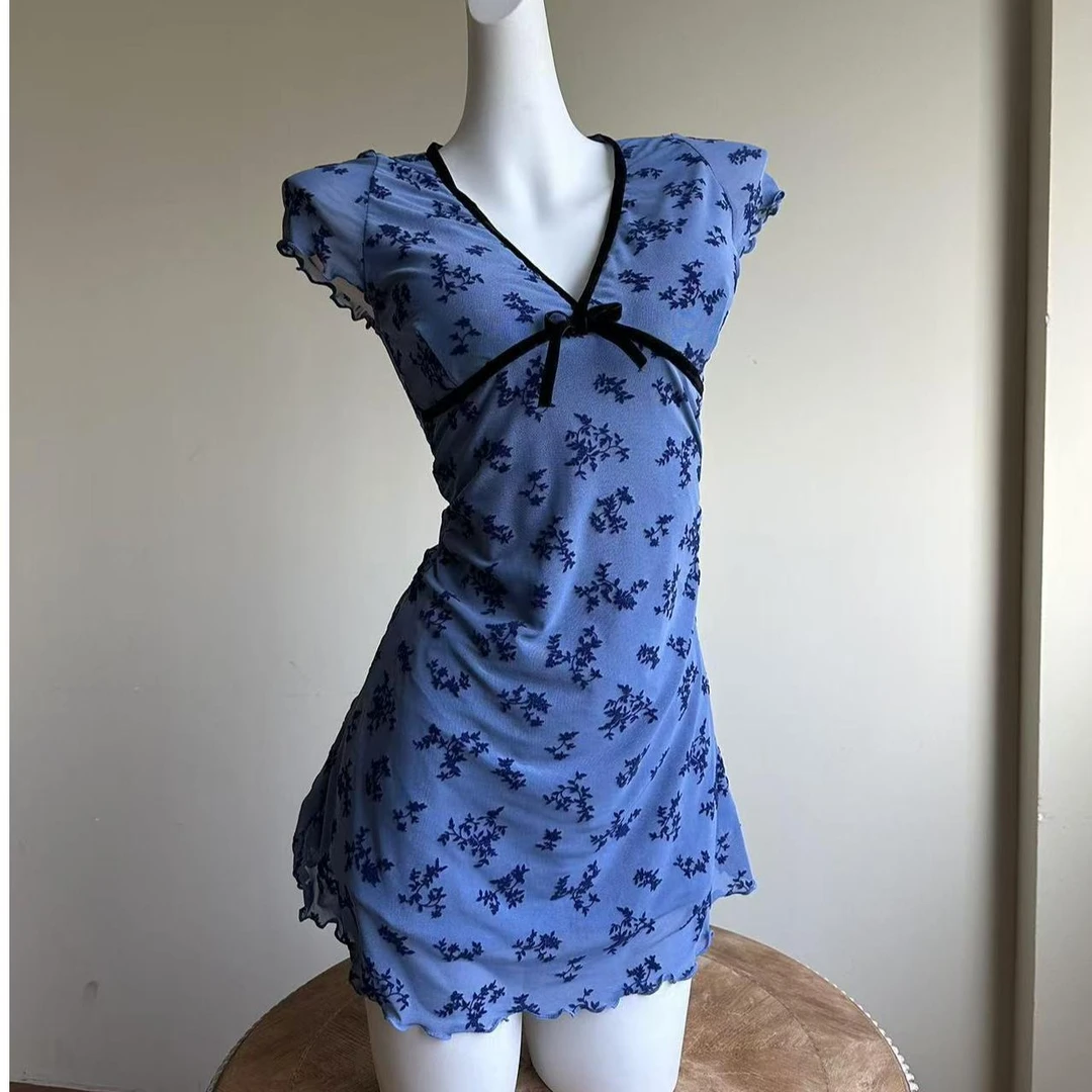 【暗香】复古V领碎花裙式泳衣显瘦遮肚分体平角裤保守温泉游泳衣