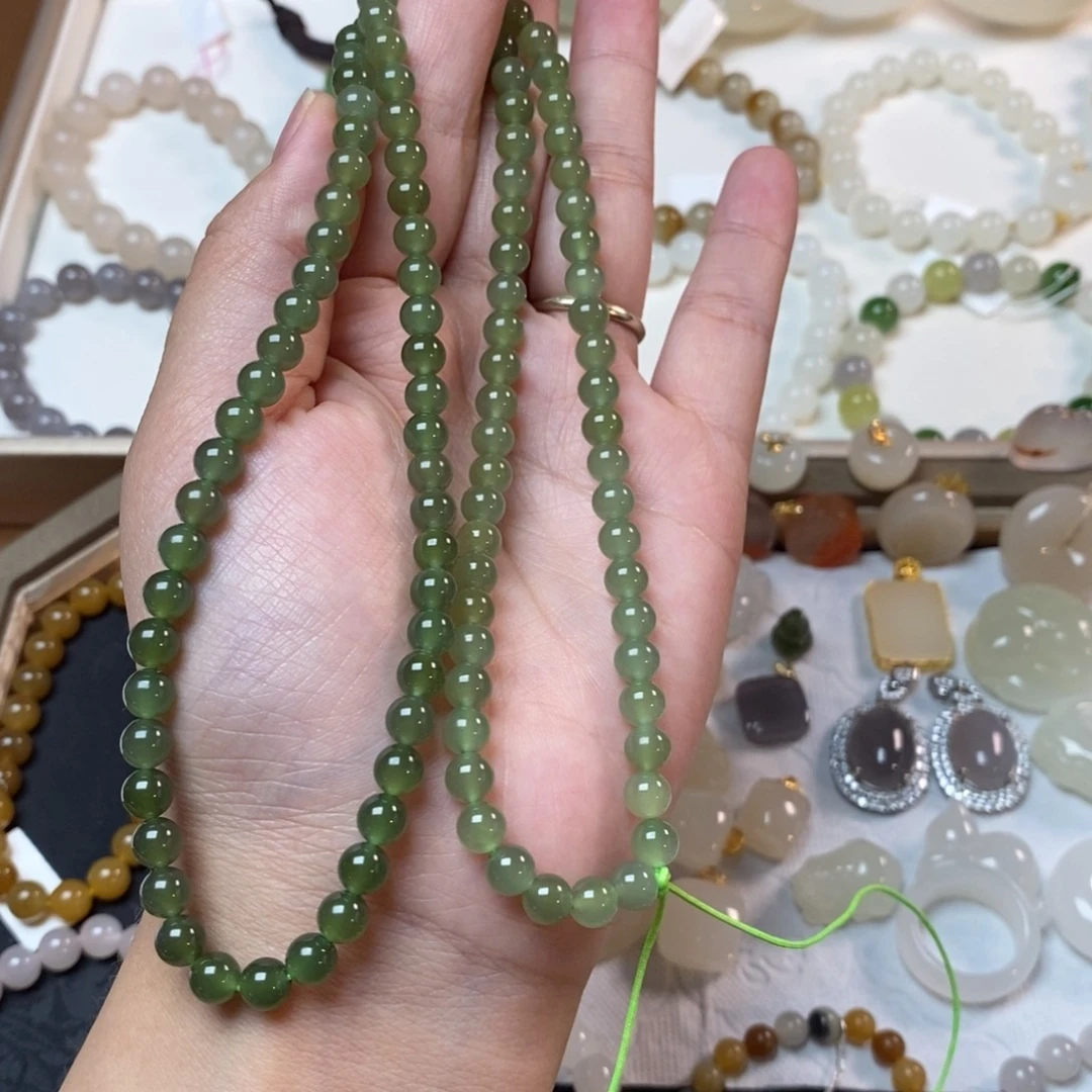 手串未镶嵌和田玉和田玉青海料湖水绿渐变卡6mm108链子