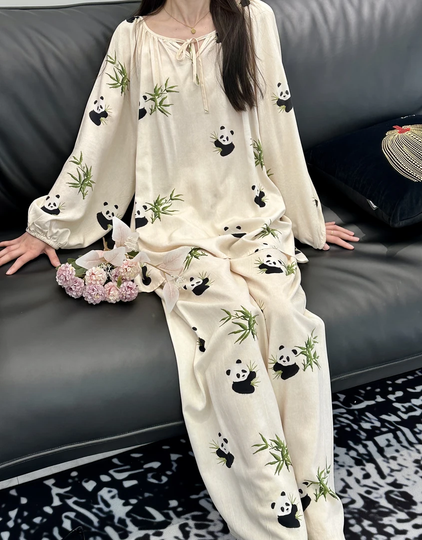 2025春夏国风熊猫人造棉棉绸家居服套装可外穿大码睡衣棉绸睡衣