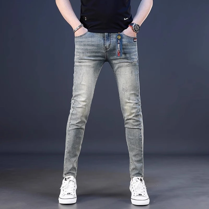 复古浅色牛仔裤男士高弹修身小脚显瘦裤子休闲百搭夏季薄款长裤男