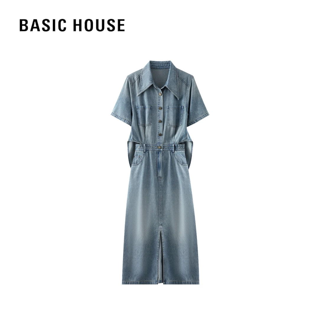 Basic House/百家好夏季显瘦气质蓝色高腰宽松设计师牛仔连衣裙D