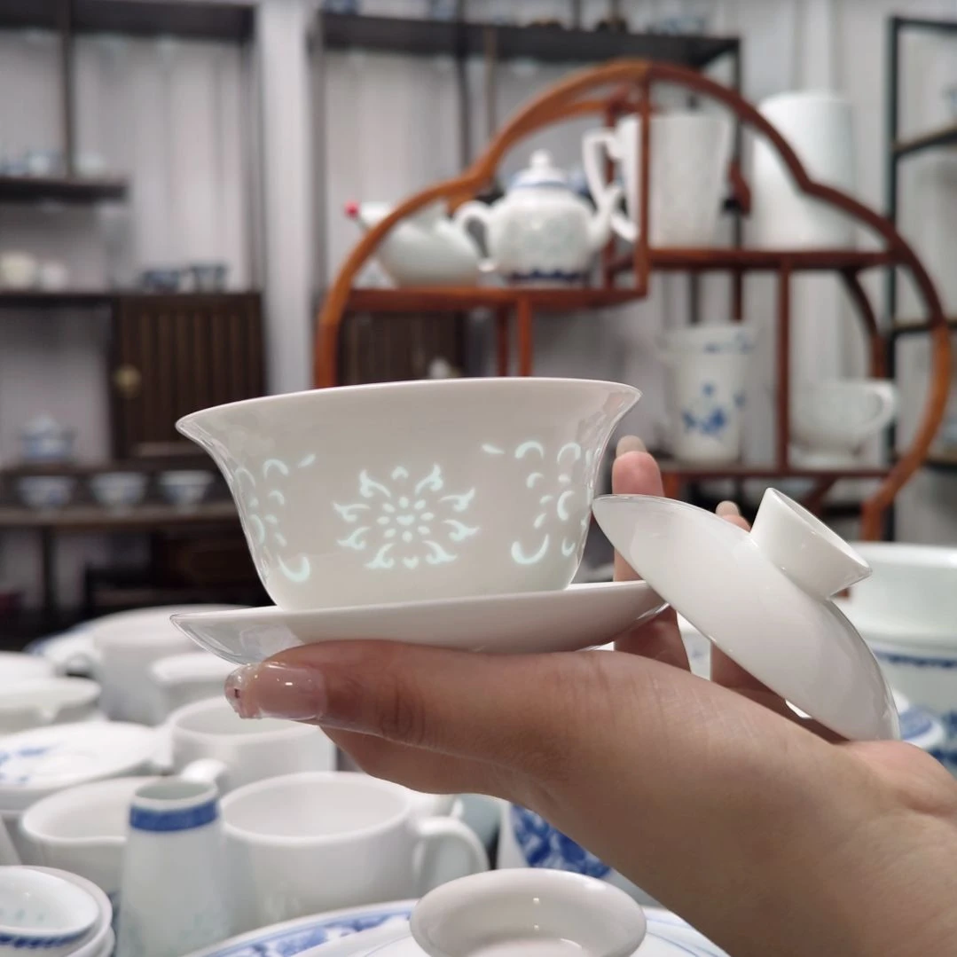 瓷鸿运连连白胎三才盖碗一套