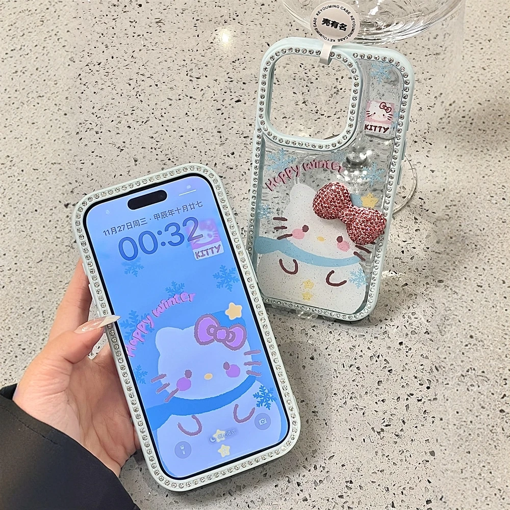 韩系可爱雪人KT猫闪钻蝴蝶结适用苹果16promax手机壳15女iPhone14