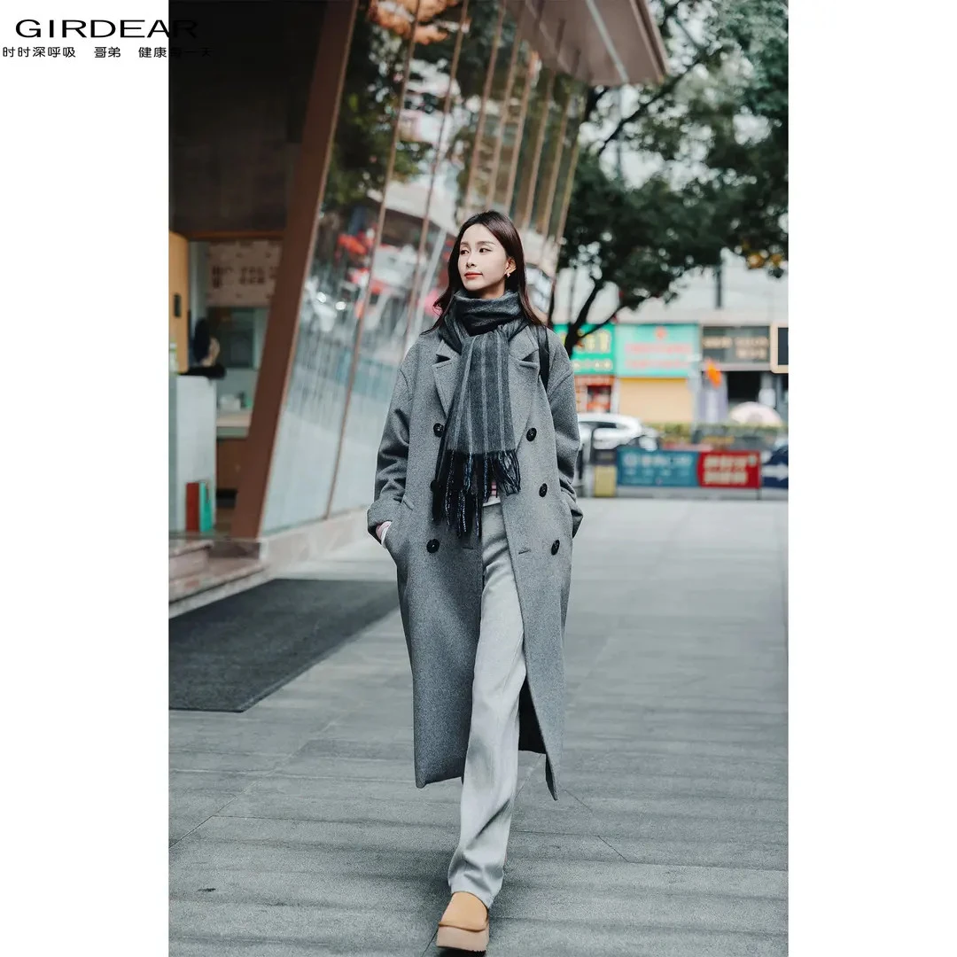 哥弟新款气质时尚大衣百搭畅款双排扣毛呢大衣外套女 1400775