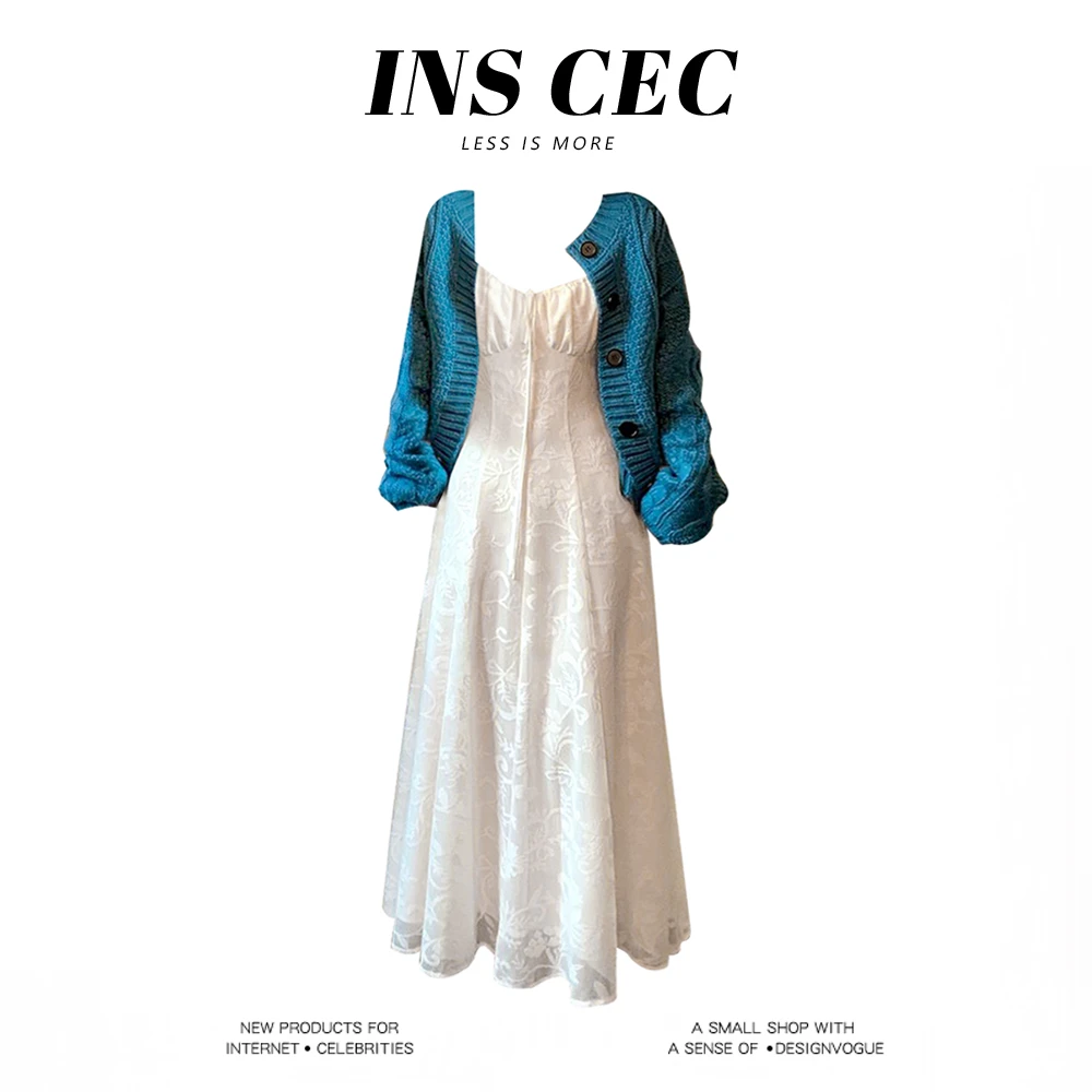 INS CEC慵懒系气质穿搭一整套针织毛衣外套女内搭氛围感连衣裙子