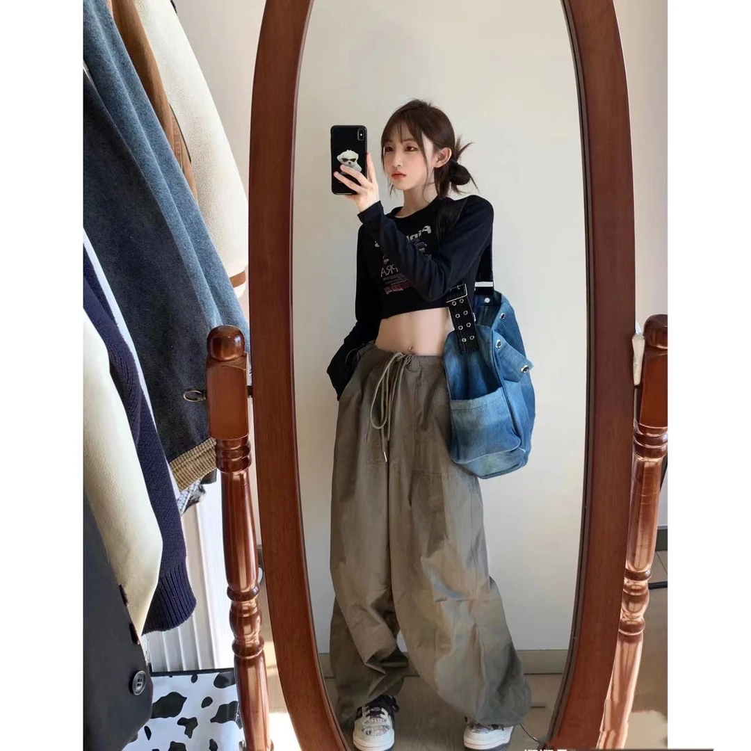 徐秋阳  灰绿工装裤 雅痞少女休闲工装裤阔腿拖地长裤3280