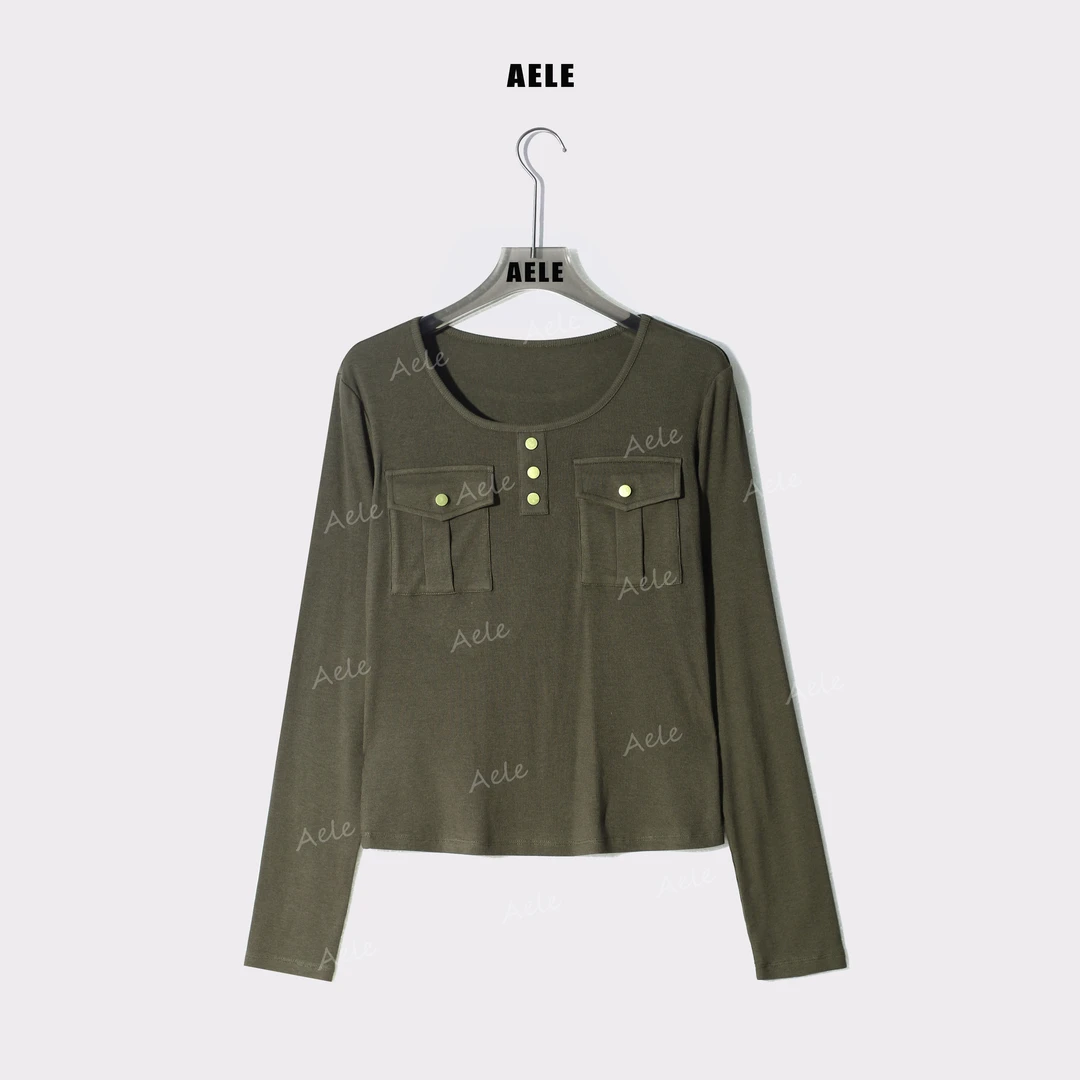 AELE设计感纽扣圆领显瘦长袖上衣 气质百搭长袖T恤 T853 2313 AD