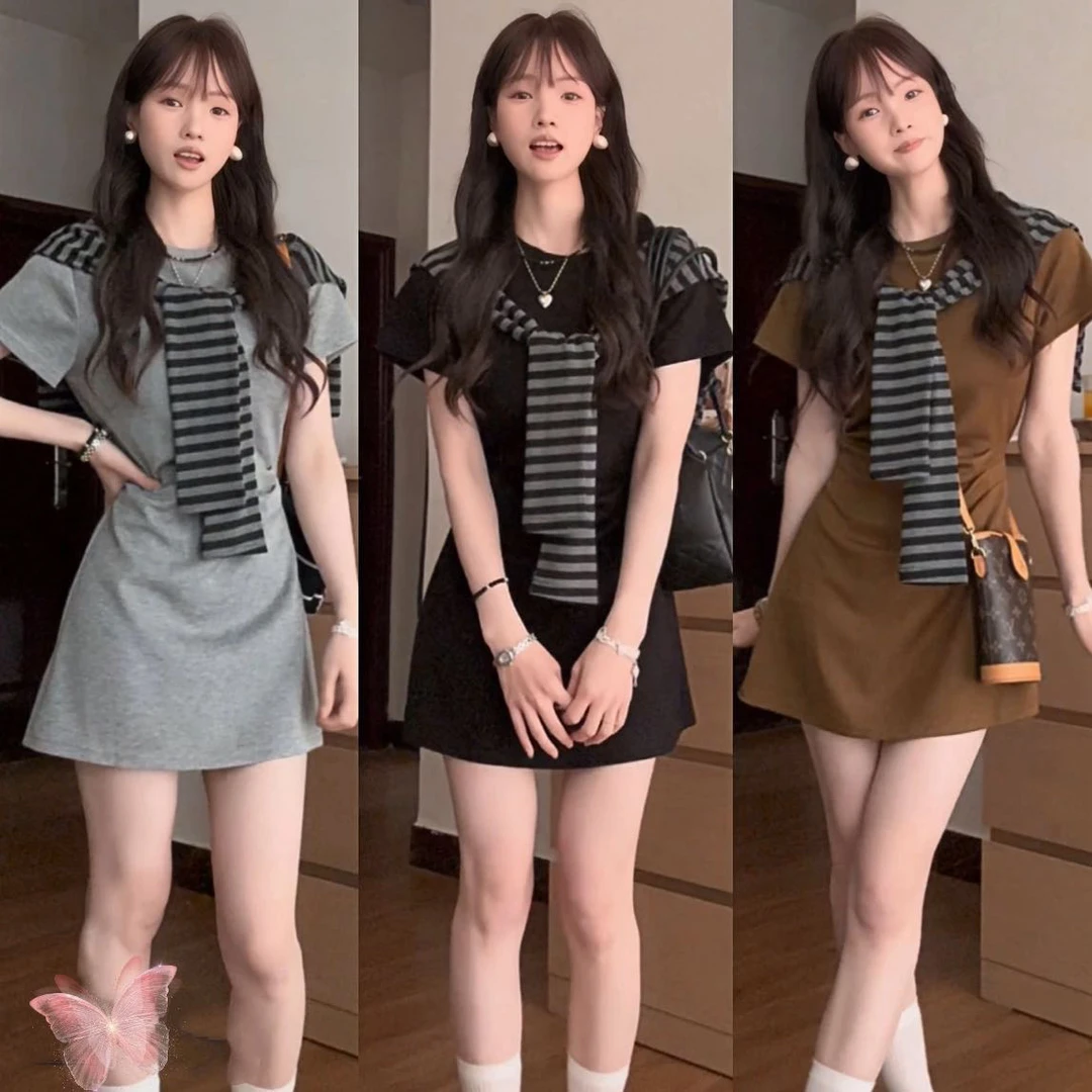 韩系chic极简风学院风显瘦收腰夏季短袖圆领连衣裙+披肩1612#0.1