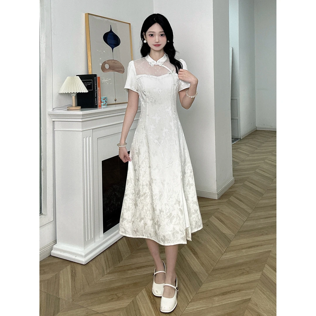 IEF/爱依服2025新款夏季梭织旗袍复古旗袍显瘦白色气质温柔风