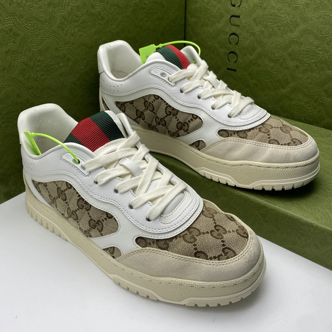 95新 GUCCI/古驰 /41欧码 Re-Web系列白棕压花纹理休闲板鞋