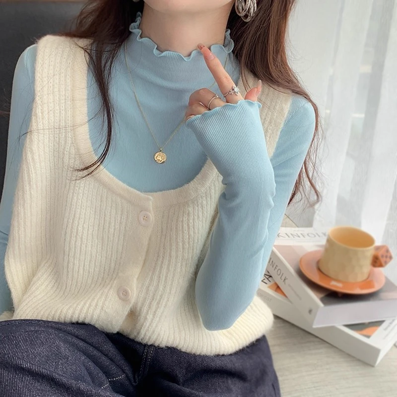显瘦蓝色木耳边打底衫女春秋冬高级感2025新款半高领内搭上衣