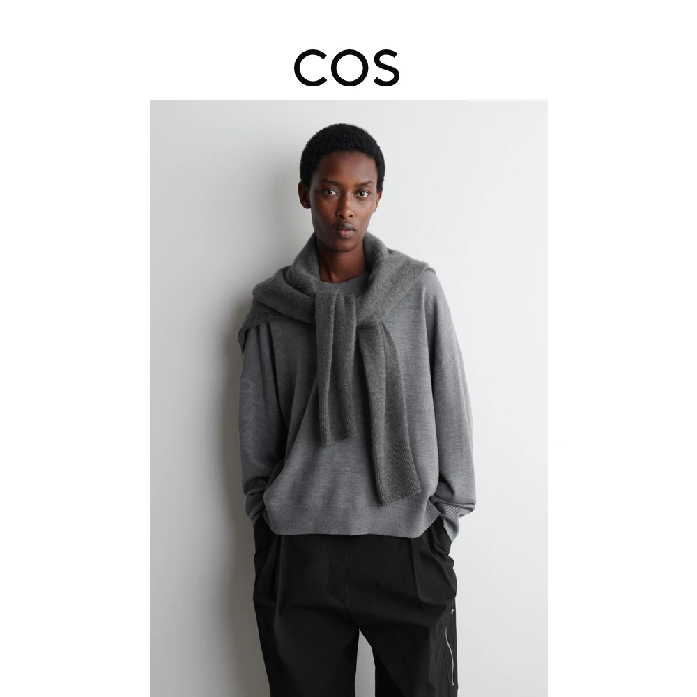 COS女装 休闲版型圆领羊毛针织套头衫灰色新品1258538007