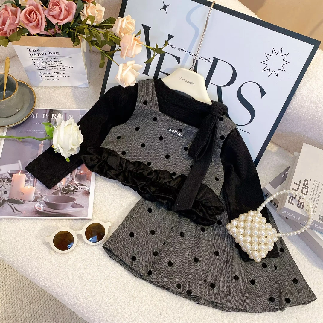 T1韩版女童复古洋气时尚春季百搭好看网红背心百褶裙套装7032