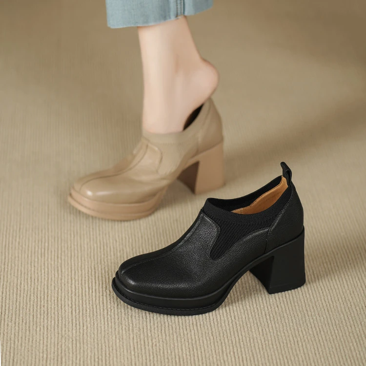 软羊皮~7cm真皮单鞋女高跟鞋粗跟厚底深口小皮鞋软底舒适休闲女鞋