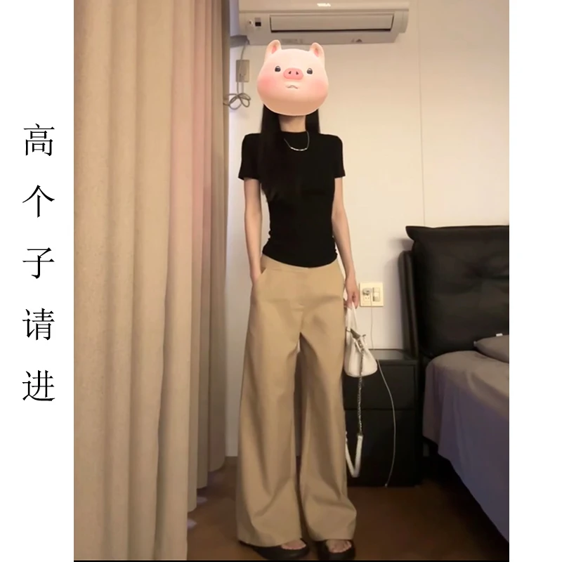裤长112cm高个子加长老钱风卡其色西装裤女夏季休闲拖地阔腿裤