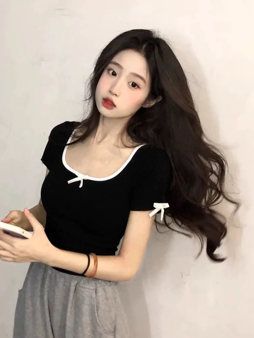 辣妹正肩撞色修身短袖T恤女夏季小众蝴蝶结显瘦设计感短款打底衫