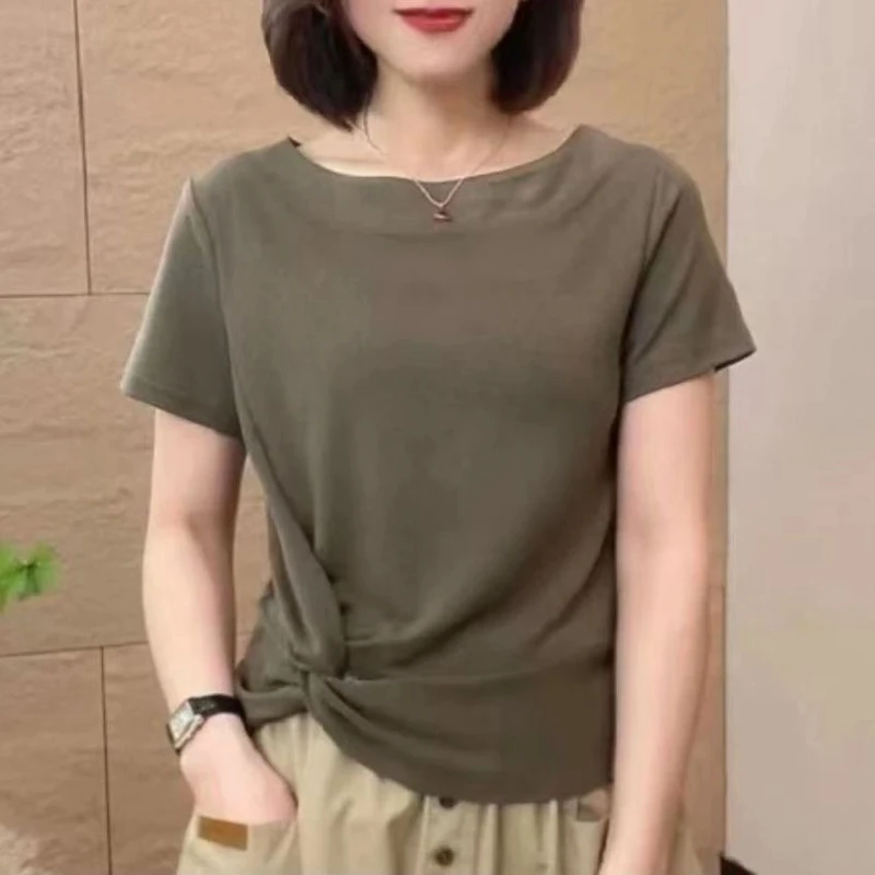 时尚夏季新款纯色短袖T恤上衣女装遮肉显瘦百搭简约圆领打底小衫