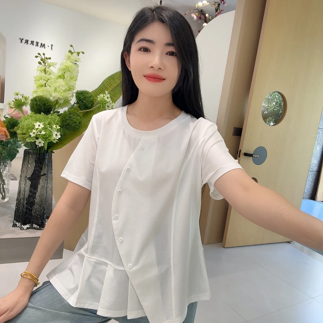 QC 253238  褶皱斜扣设计感小众纯色短袖显瘦时尚T恤