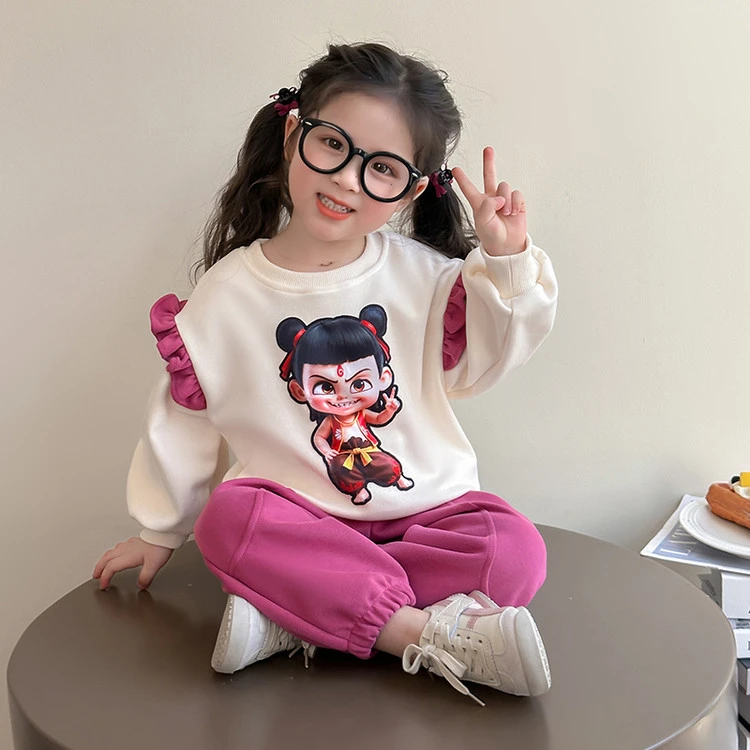 女童套装2025春秋新款女宝宝哪吒花边卫衣卫裤儿童休闲春款两件套