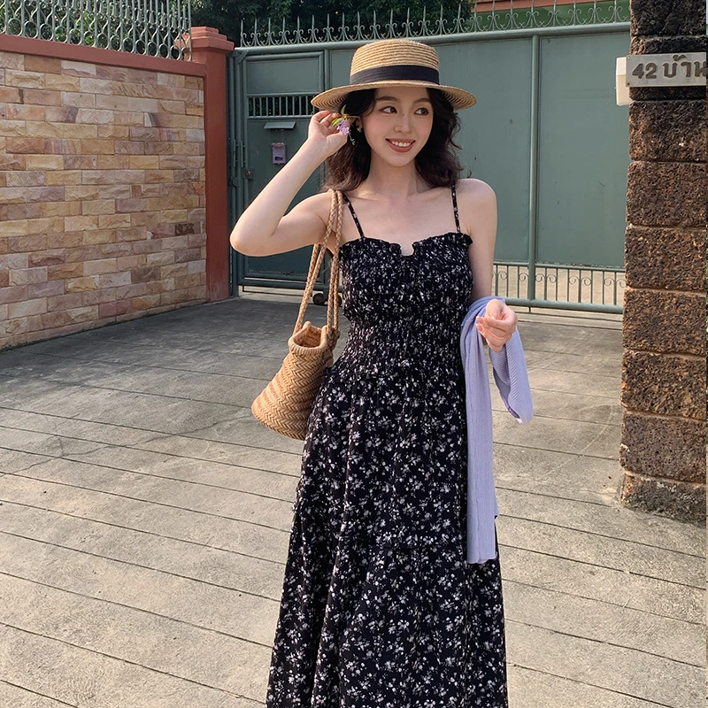现货十三行夏秋新款纯欲高腰法式夏装吊带裙连衣裙内搭打底裙子