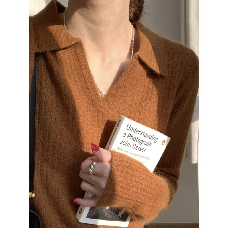 梅子色法式绝美毛衣女秋冬季V领正肩长袖内搭上衣软糯套头针织衫