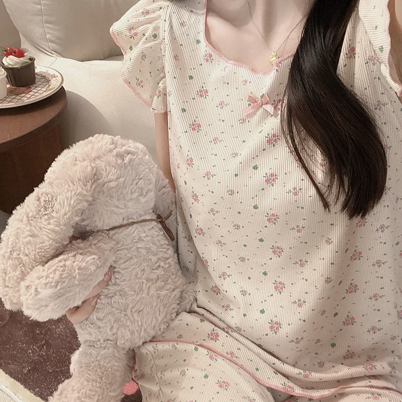 日系粉色碎花短袖七分裤睡衣女夏季薄款甜美风可外穿家居服套装