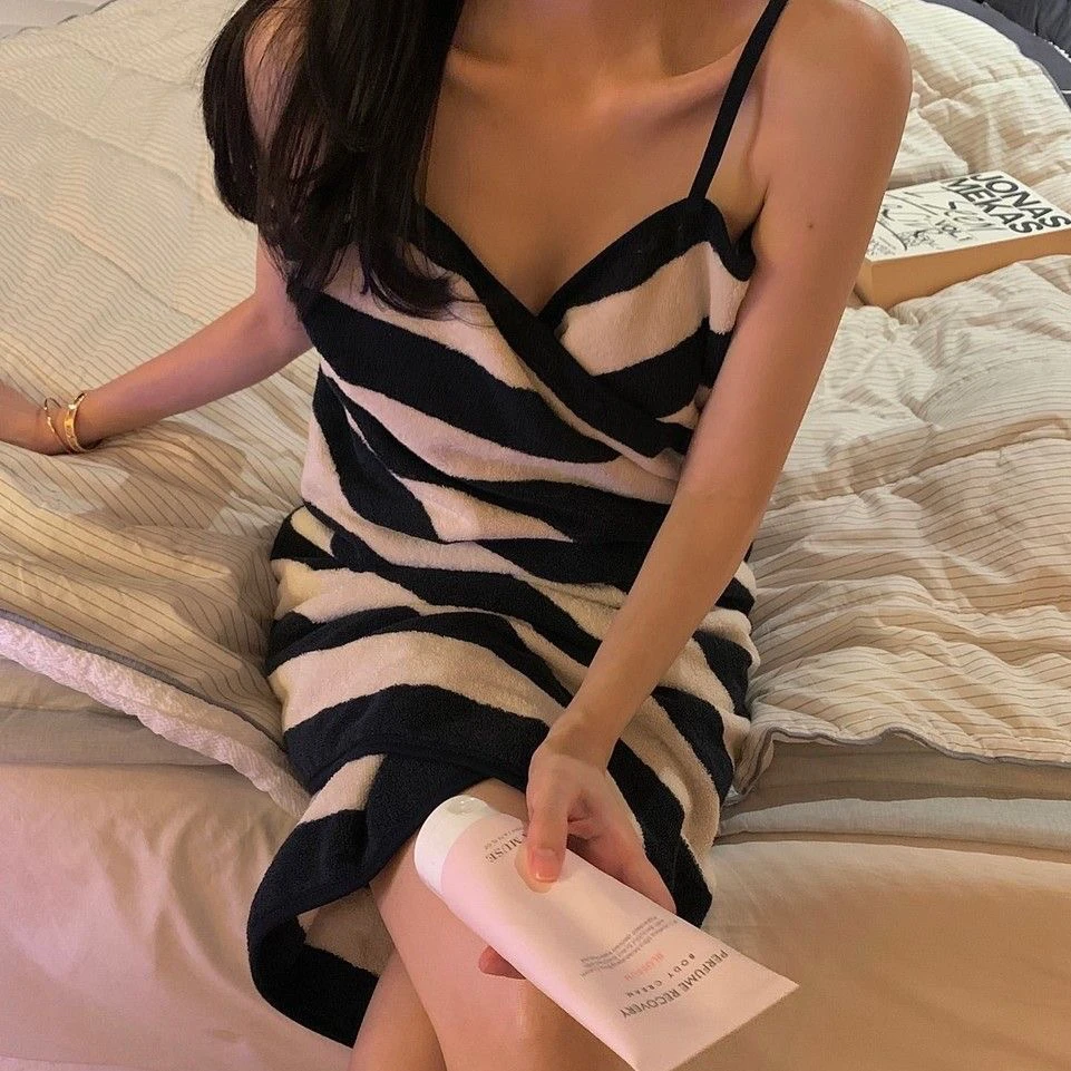 四季可用成人夏季吊带印花性感睡裙大码条纹长裙韩版纯欲裙