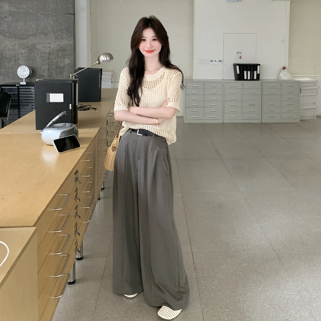 韩系休闲气质穿搭一整套女2025夏氛围感针织镂空上衣阔腿裤两件套