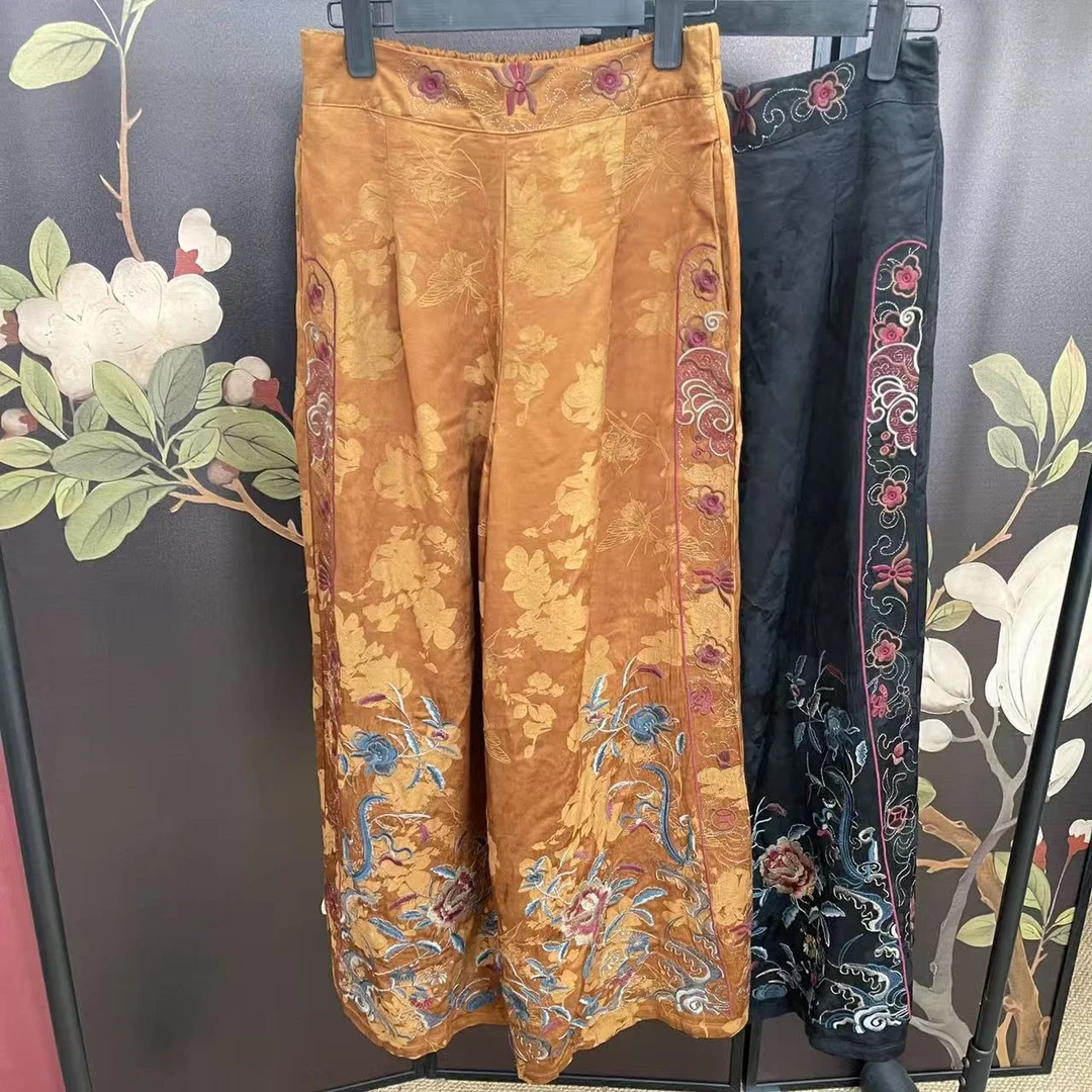 2385-4民族风刺绣阔腿休闲裤 复古宽松显瘦百搭长裤