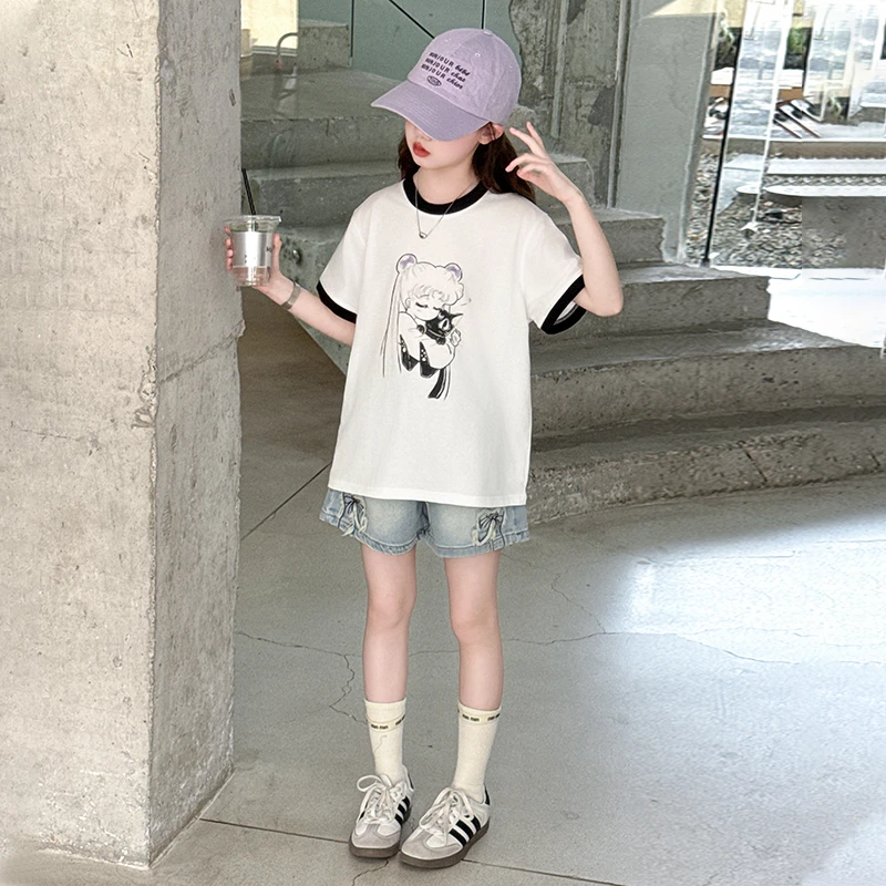 女童短袖T恤夏装套装2025中大儿童夏季时髦洋气牛仔短裤两件套潮