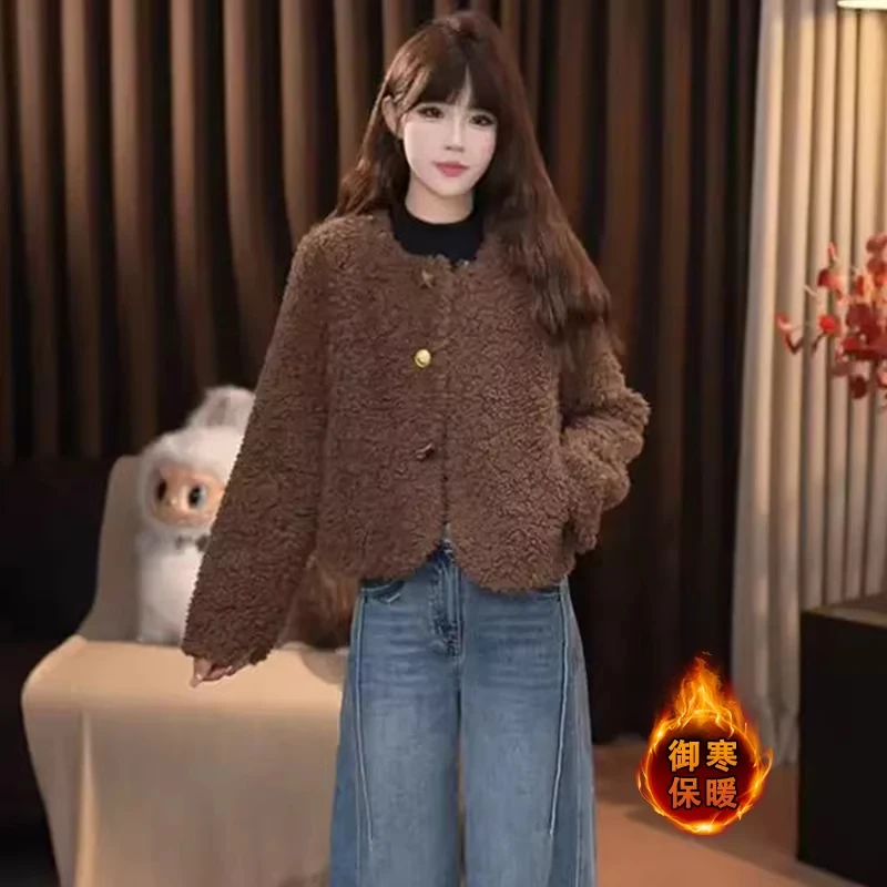 时尚韩版圆领羊羔毛短款外套女2025冬季新款洋气显瘦小香风上衣潮