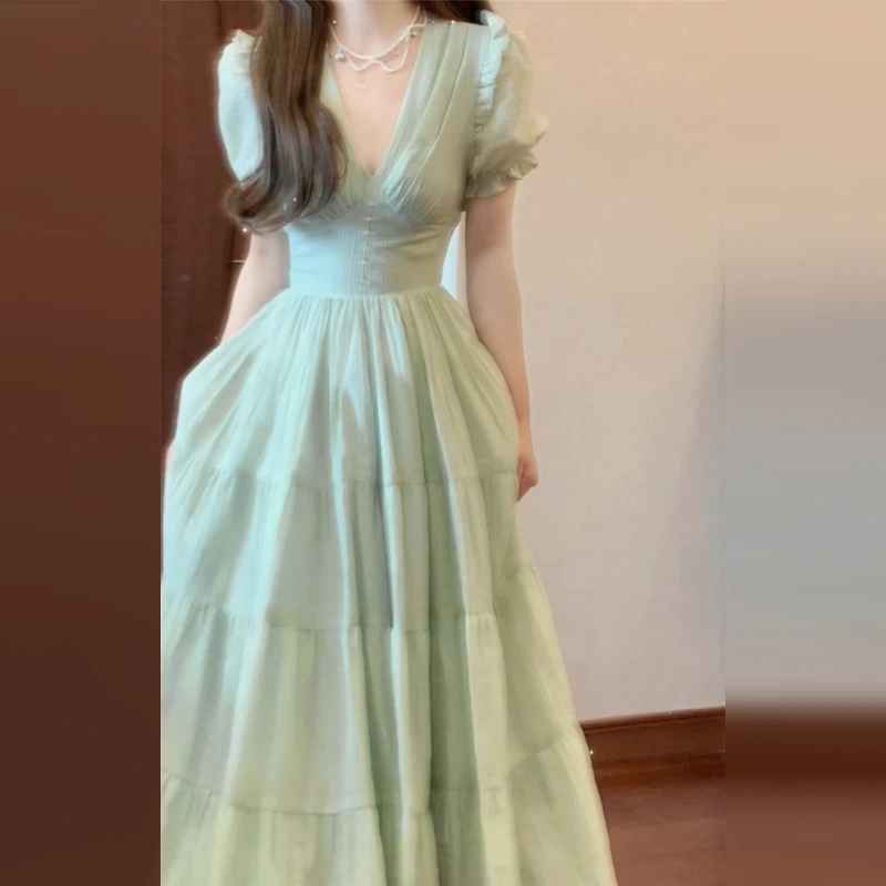 3340泡泡袖连衣裙子女春季2025年新款小个子收腰气质长裙