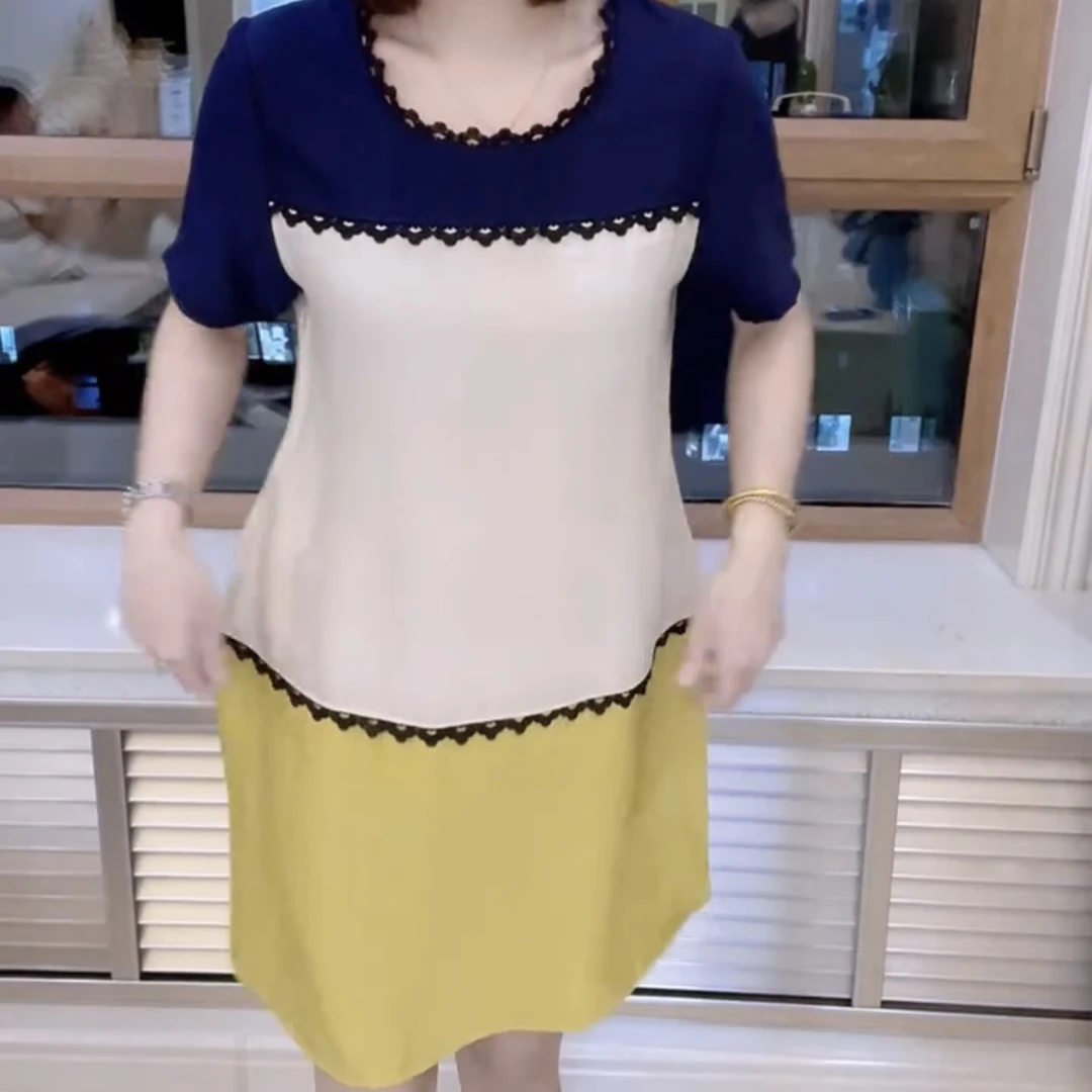 简约减龄圆领短袖拼色蕾丝边A字连衣裙夏季新款时尚洋气