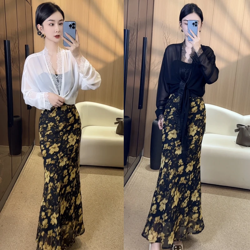 【欣欣精选】夏装新款显瘦减龄气质碎花半身裙+防嗮上衣两件套装