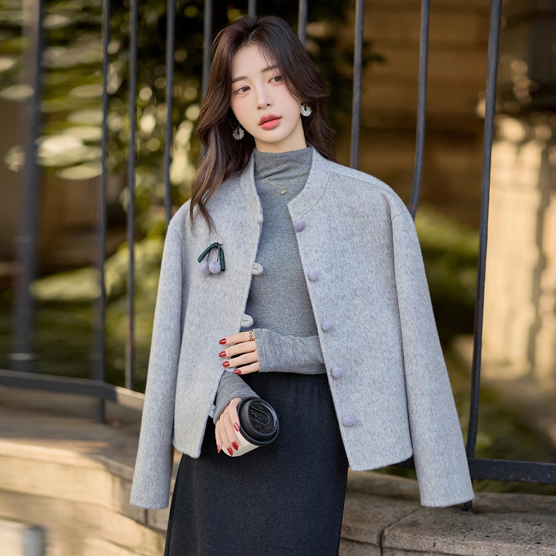 2025年秋新款新中式双面呢羊毛呢大衣女小个子立领时尚外套 ZQ252