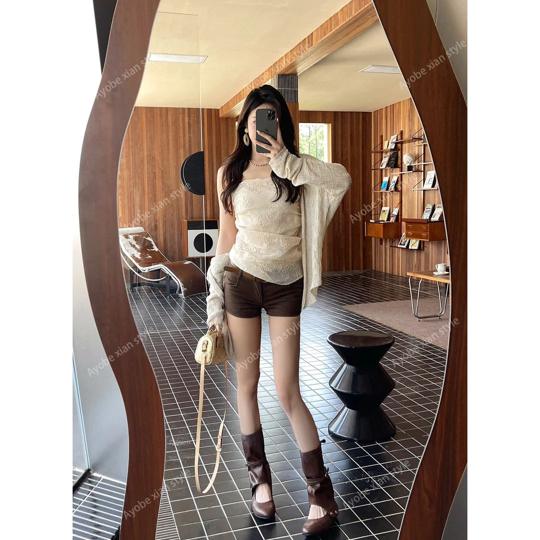 AYOBE小贤/暮色山河 重工蕾丝刺绣云纹捏褶抹胸上衣气质辣妹背心